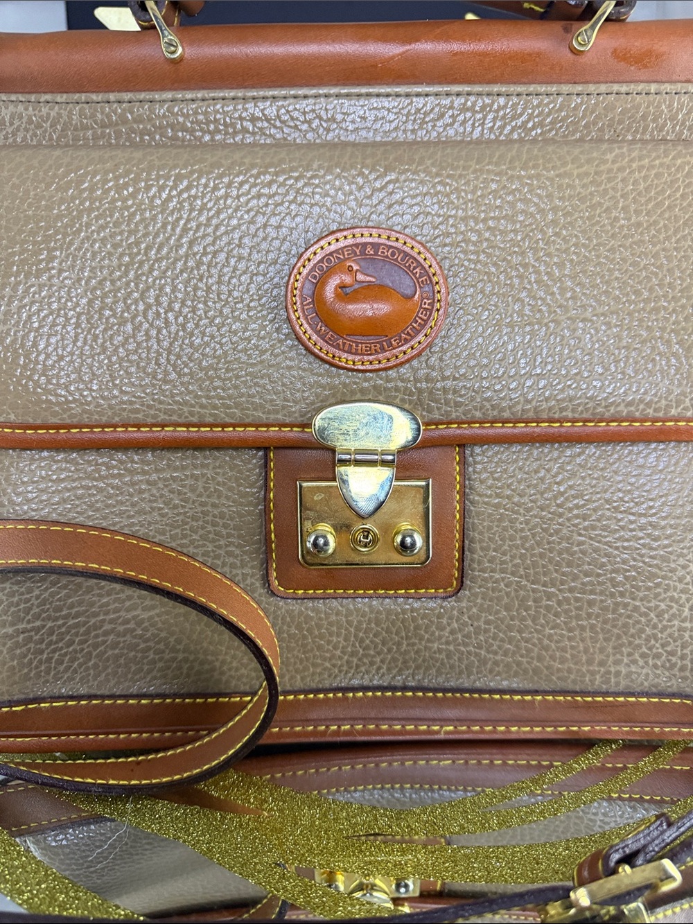 Dooney & Bourke Gold and Tan Pebbled Leather Satchel with Strap - Picture 2 of 7